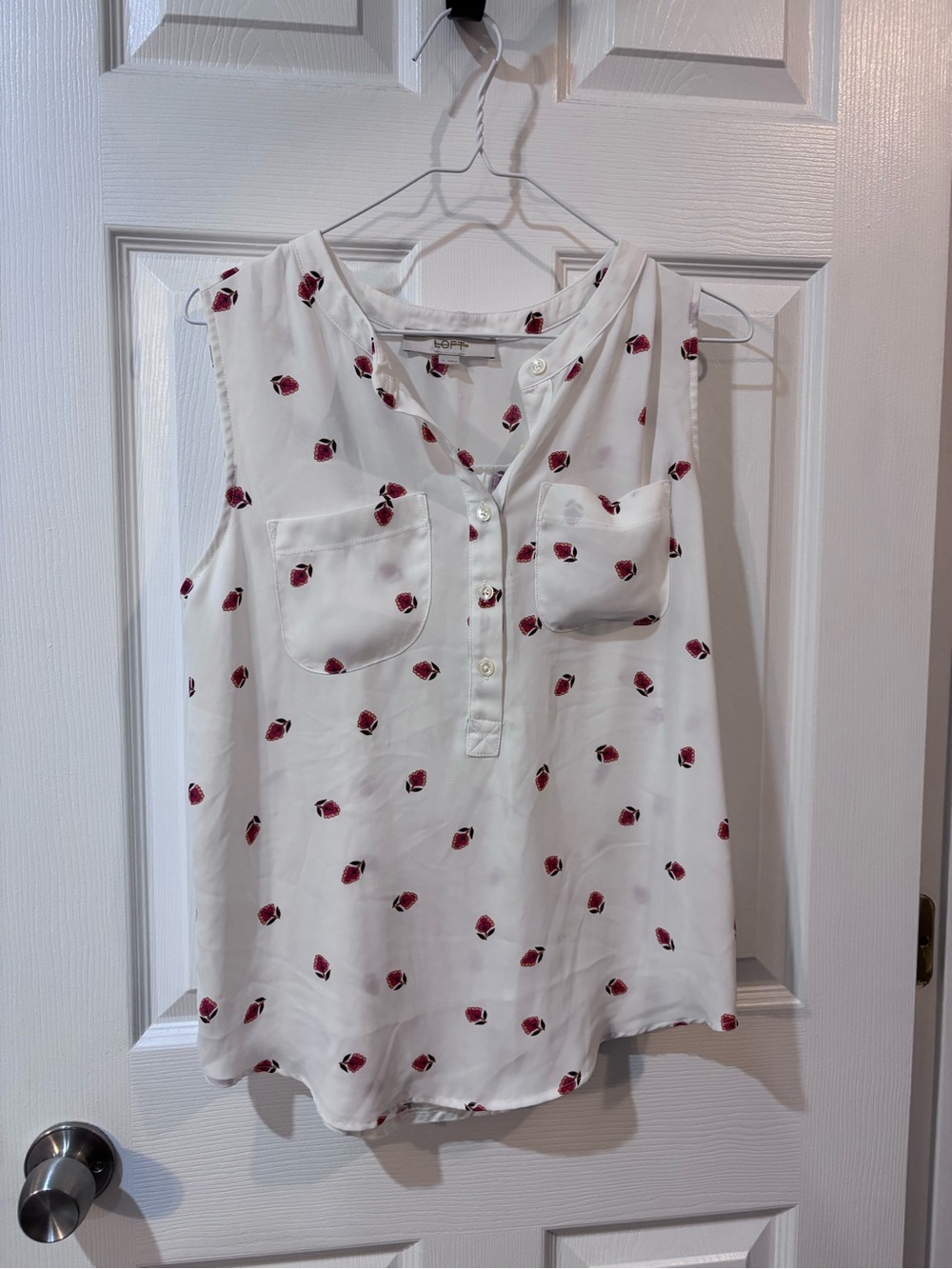 LOFT White Sleeveless Henley Top with Red Dot Floral Print